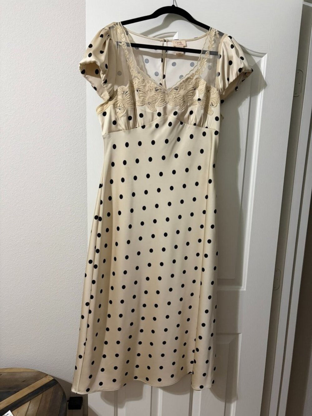 Camila Coelho Cream Polka Dot Midi Dress Butterfly Lace Sz L